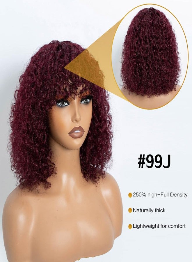 JOEDIR HAIR Wig Human Hair Wigs for Black Women Wear and Go Afro Curly Bob Wig with Bangs 12 Inches Water Wave Glueless Wigs 250% Density (99J / Burgundy) - Image 5